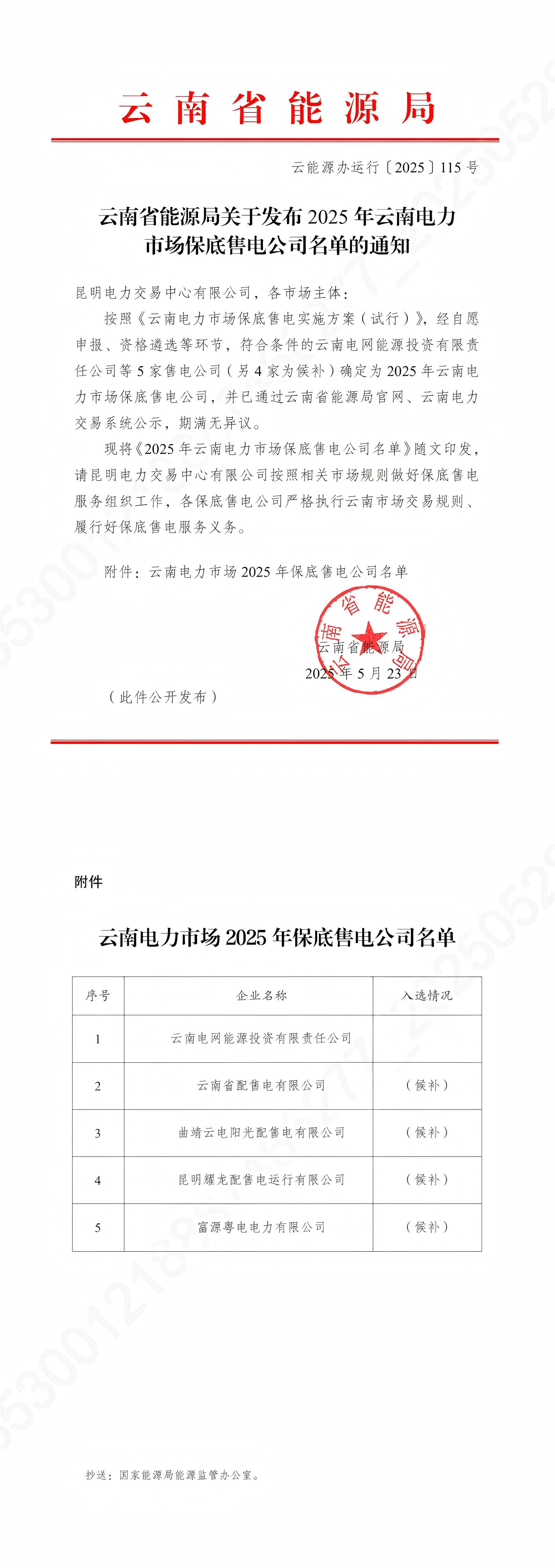 云能源办运行〔2025〕115号-云南省能源局关于发布2025年云南电力市场保底售电公司名单的通知_00(1)